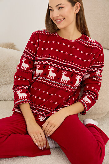 Siyah İnci Burgundy Deer Patterned Polar Winter Knitted Pajama Set