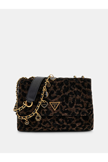 Guess Women's Leopard Patterned Textured Fabric Shoulder Bag - Mix