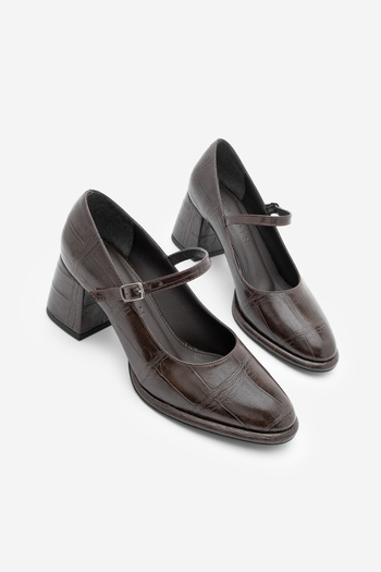 Marjin Women's Loafer Thin Strap Thick Casual Heeled Shoes Vikas Brown Croco
