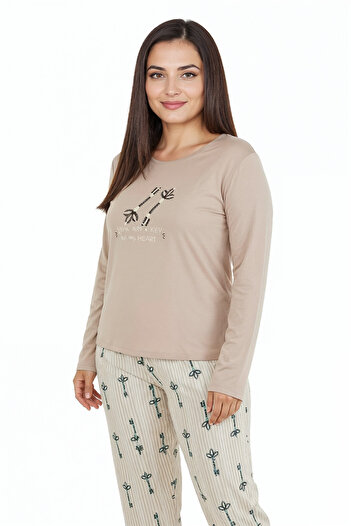 Bravie Elite Viscose Long Plus Size Pajama Set with Six Lines and Writing on the Top Powder 3597