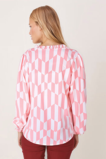 armonika Women's Powder Collar and Ruffled Front Long Sleeve Blouse with Elastic Sleeves Arm-25Y001015