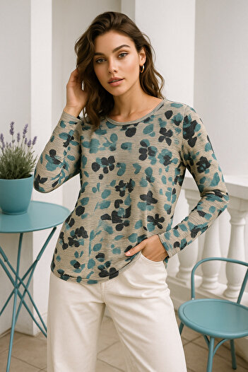 Rich Women's Mint Green Patterned Crew Neck Long Sleeve Blouse