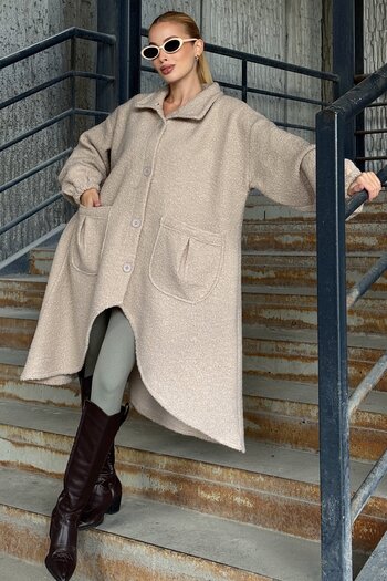 VAGGON Double Pocket Asymmetric Cut Button Closure Cashmere Coat