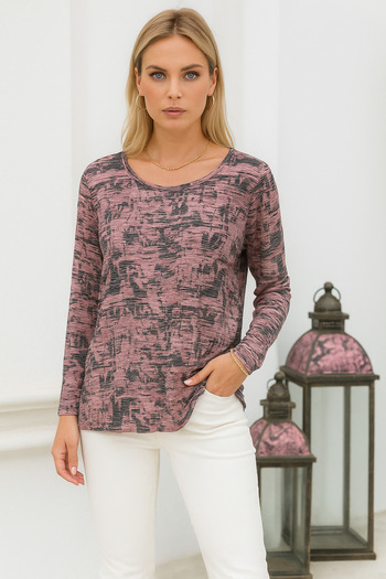 Rich Women's Dusty Rose Patterned Crew Neck Long Sleeve Blouse