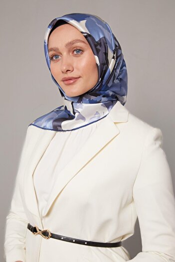 Levidor Navy Blue Abstract Floral Pattern Sura Silk Scarf