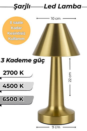 ga gözde aydınlatma Gold ♦ Şarjlı LED Masa Lambası ♦ 3 Kademeli Işık Renkli ♦ USB Şarjlı Gece Lambası ♦ Ev-Ofis