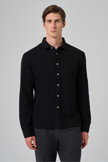 Morven Men's Black Cotton Trend Tree Bark Pattern Dynamic Fit Italian Collar Shirt