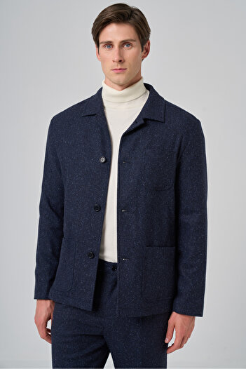 Morven Men's Navy Blue Wool Berber Collar Shirt with Pocket