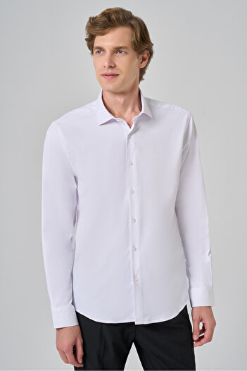 Morven Men's White Basic Plain Pattern Italian Collar Slim Fit Shirt