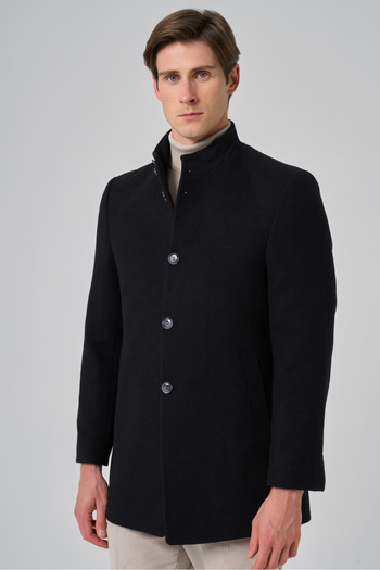 Morven Men's Black Wool Straight Dynamic Fit Judge Collar Coat