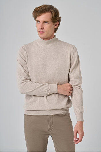 Morven Men's Beige Basic Half Turtleneck Dynamic Fit Comfortable Cut Knitwear