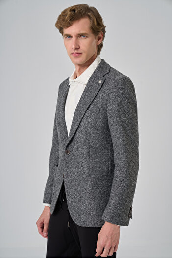 Morven Erkek Gri Örme Slim Fit Mono Yaka Ceket