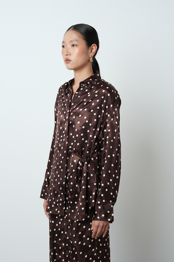 Orfeo Negro Women's Side Tie Polka Dot Patterned Brown Shirt