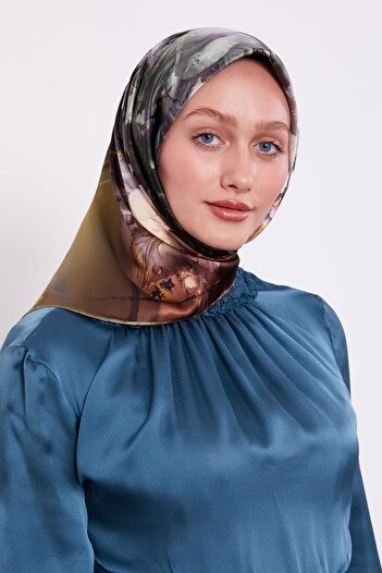Levidor Khaki Violet Pattern Sura Silk Scarf