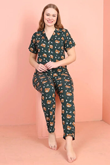 nasbina Women's Teddy Bear Pattern Buttoned Pajama Set
