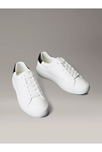 Calvin Klein Women's Leather Laced Comfortable Sole Ck Text Detail White Sneaker Hw0Hw02673-01W