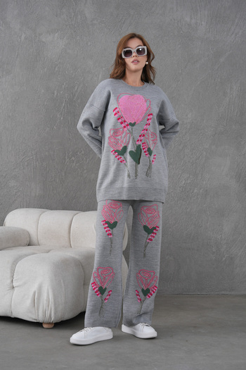 Miss Allos Women's Beaded and Embroidered Wide-Fit Knitwear Sweater and Pants Top and Bottom Set