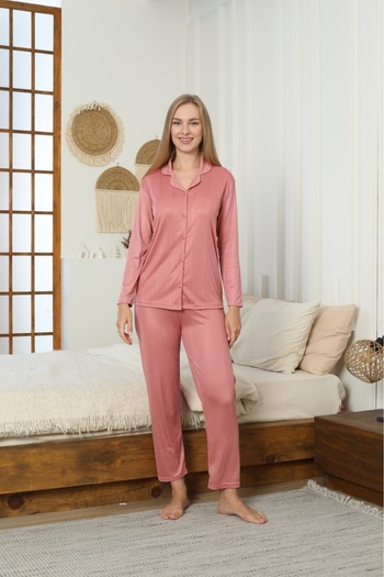 LİLA İÇ GİYİM Pegasus Buttoned Long Sleeve Rose Course Pajama Set