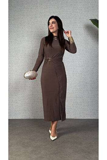 JANES Women's Turtleneck Buckle Detail Sandy Fabric Midi Length Dress