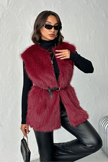 Caddebostan Moda Burgundy Feathered Long Fur Stylish Premium Luxury Trend Special Design Women's Vest