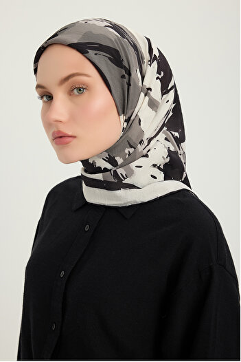 Schaless Özgür Brushes - Gray - Vierra Patterned Viscose Scarf - 90x90 cm