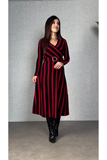 JANES Women's Long Sleeve Double Breasted Collar Belt Included Striped Knitwear Dress
