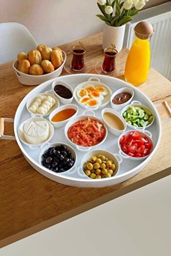 morponi Galvaniz 51 Cm White Round Tray with Wooden Handle