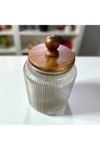 MİEN Acacia Ball Glass Jar-1200Ml, Glass Jar with Acacia Lid, Multi-Purpose Jar