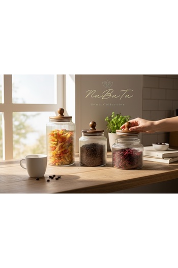 MİEN Acacia Ball Glass Jar Set, Glass Jar with Acacia Lid, Multi-Purpose Jar, 900.1200.1700ml