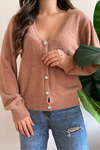 Nazline Women's V-Neck Buttoned Soft Textured Long Sleeve Knitwear Cardigan