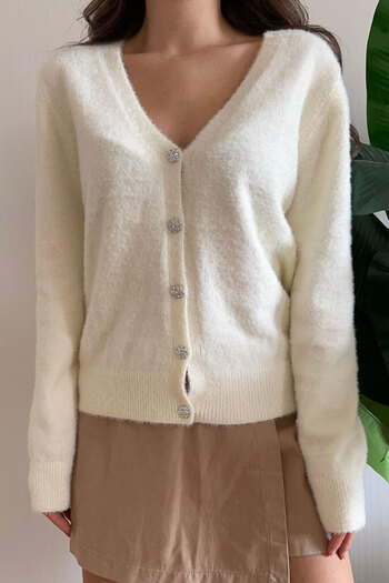 Nazline Women's V-Neck Buttoned Soft Textured Long Sleeve Knitwear Cardigan