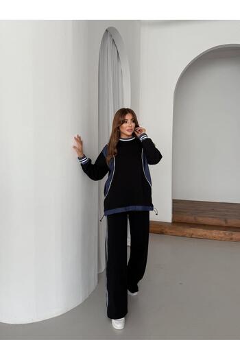 QİMYA BUTİK Buketli̇ Women's Ribbed Denim Garnished Long Sleeve Knitted Oversize Double Set