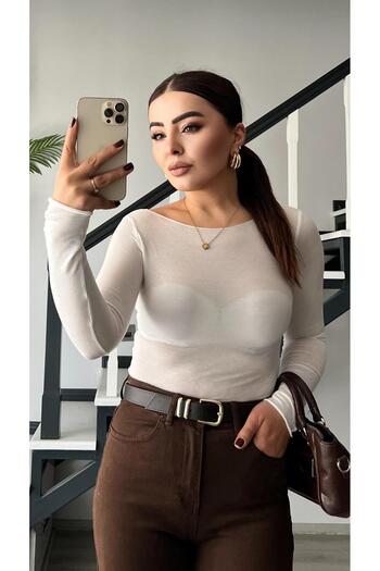 Oslove White Modal Boat Neck Transparent Blouse