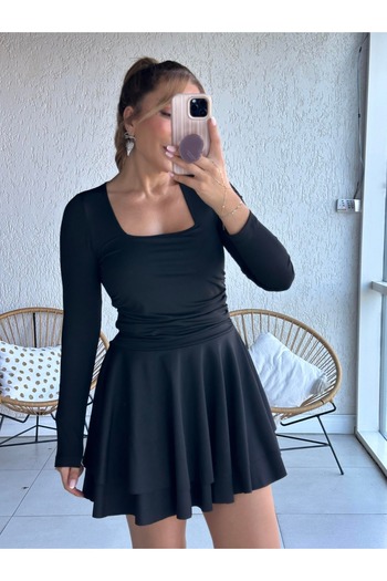 QİMYA BUTİK Buketli̇ Women's Slim Scuba Fabric Skirt Double Layer Square Neck Long Sleeve Mini Dress