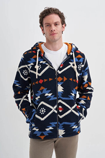 Cazador Vintage Patterned Fur Regular Fit Hooded Navy Blue Men's Cardigan 50940