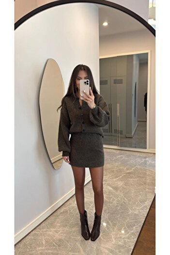 FMN Butik Tricot Knit Button Detail Light Balloon Sleeve Cardigan Jacket High Waist Mid Short Skirt Pinterest Two-Piece Set