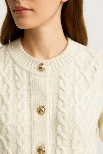Alos Women's White Buttoned Standard Size Hair Knit Patterned Crew Neck Knitwear Cardigan