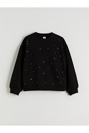 LC Waikiki Black Crew Neck Stone Girl's Sweatshirt