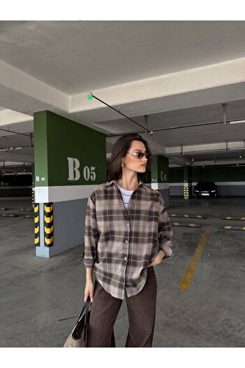 D'RECCY Women's Plaid Patterned Oversize Long Sleeve Shirt