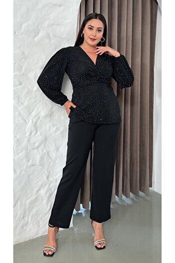 Butik Nilyam Women's Plus Size Double Breasted Collar Twist Detail Long Sleeve Stone Embroidered Stretchy Blouse Pants Set 25034