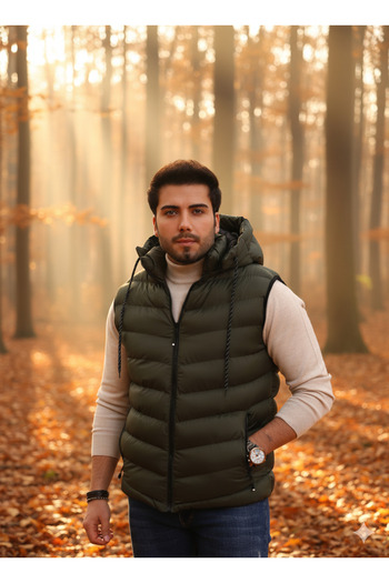 Ayşo Men's Khaki Detachable Zippered Hood Casual Sports Puffer Vest