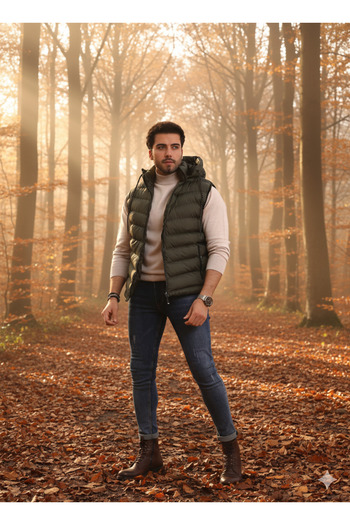 Ayşo Men's Khaki Detachable Zippered Hood Casual Sports Puffer Vest