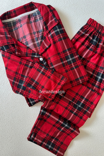 Feruzdesign Red Plaid Buttoned Front Long Sleeve Pajama Set