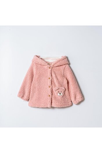 Magu Girl's Cotton Pink Teddy Patterned Hooded Buttoned Coat - Teddy Bear Pocket