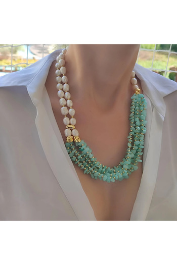 elinasaccessories Amazonit ve İnci Kolye, İnci Kolye, Amozonit Doğal Taş Kolye, Kadına Hediye,Designer Kolye