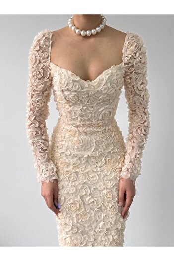 Julidress 3D Rose Patterned Tight Fitting Lined Premium Design Dress