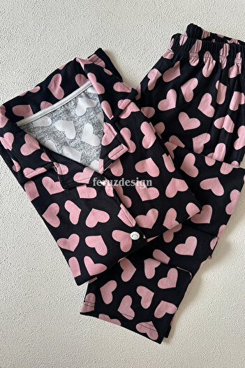 Feruzdesign Black Pink Heart Front Buttoned Long Sleeve Pajama Set