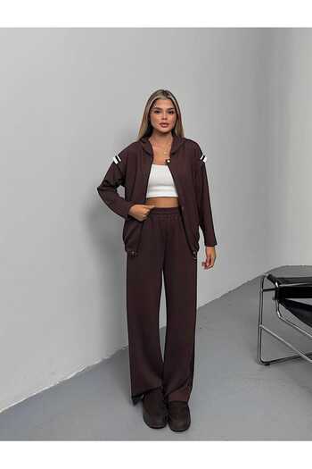 QİMYA BUTİK Şans Li̇fe Women's Hooded Elastic Waist Ribbed Detail on the Shoulders Two-Piece Pants Set