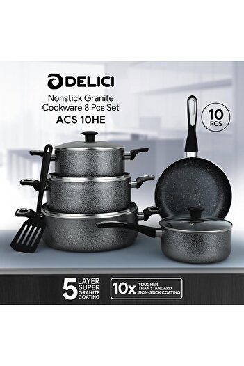 DELICI 10 Piece Granite Coated Cookware Set with White Coating, Premium Non-Stick Aluminum Interior