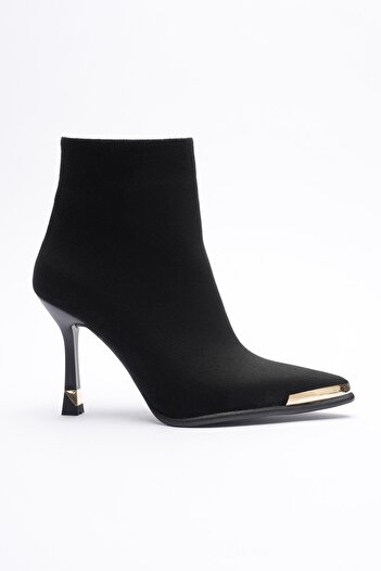 Mubiano Women's Suede Boots High Heeled Zippered Gold Detailed Black Selora